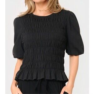 Sanctuary Together Again Black Smocked Puff Sleeve Peplum Top Small Boho Chic